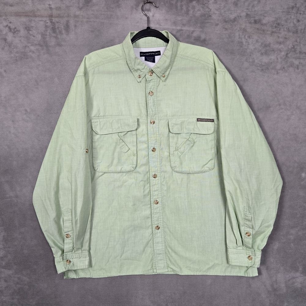 ExOfficio Shirt mens XL Green Button Down Pockets Long Sleeve vented Outdoor